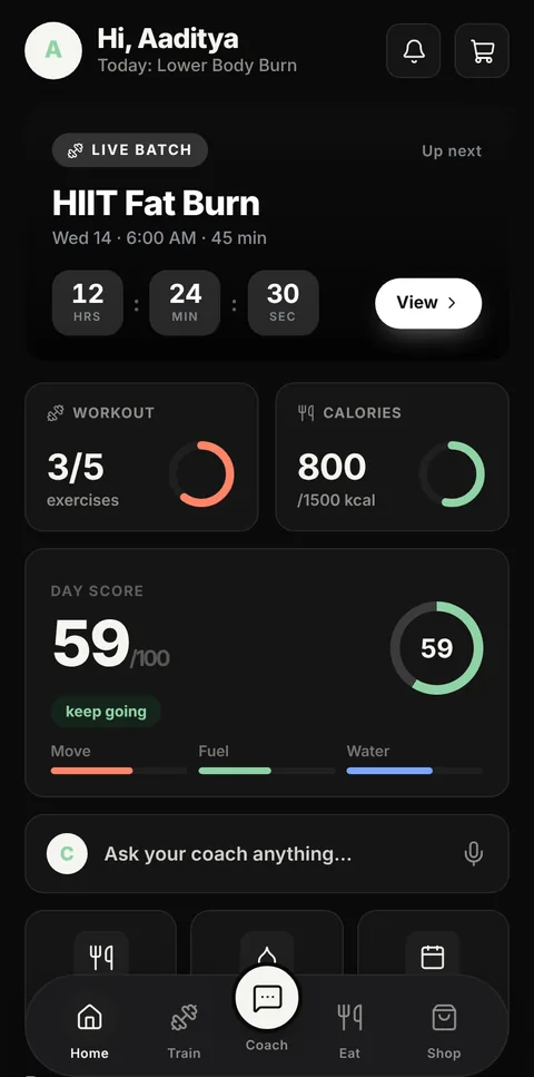 Merova Fit home screen: day score 59 out of 100, 3 of 5 exercises done and 800 of 1500 kcal logged.