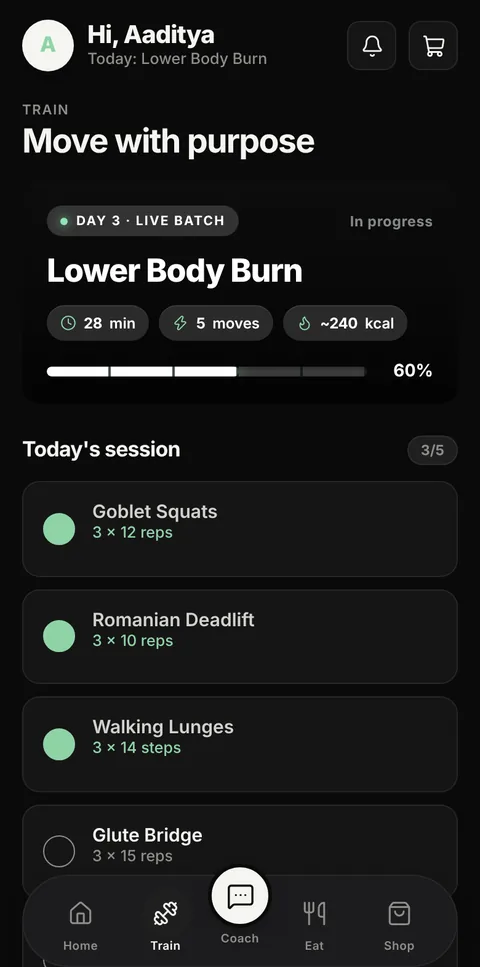 Merova Fit workout screen: Lower Body Burn, 60% done, with Goblet Squats, Romanian Deadlift and Walking Lunges ticked off.