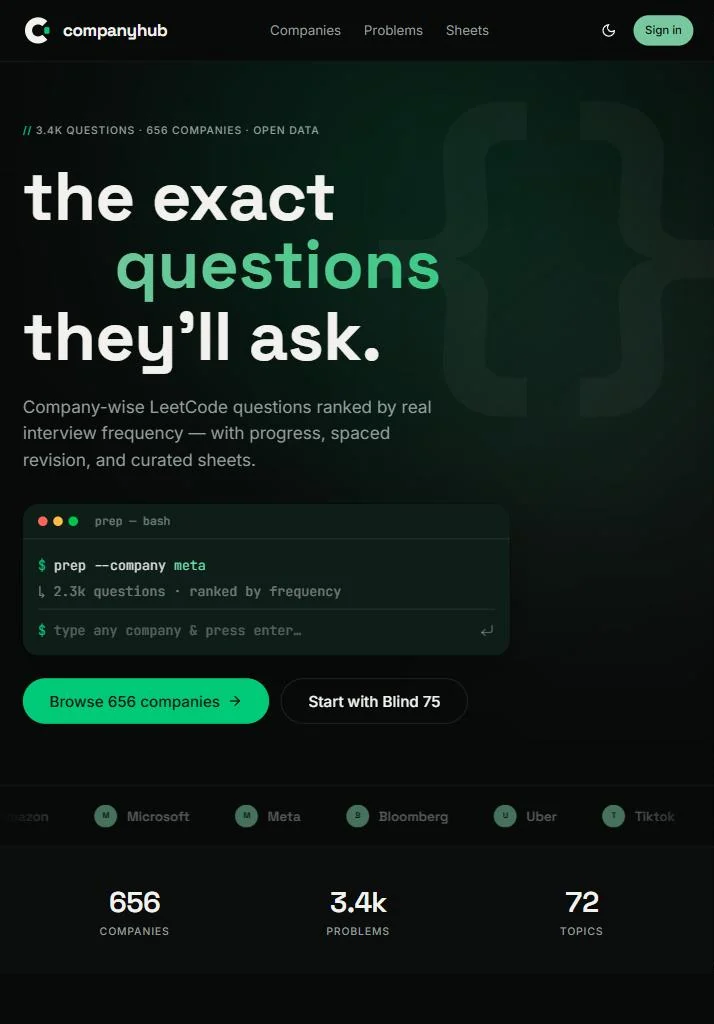 Company Hub's home page and its Google question list.