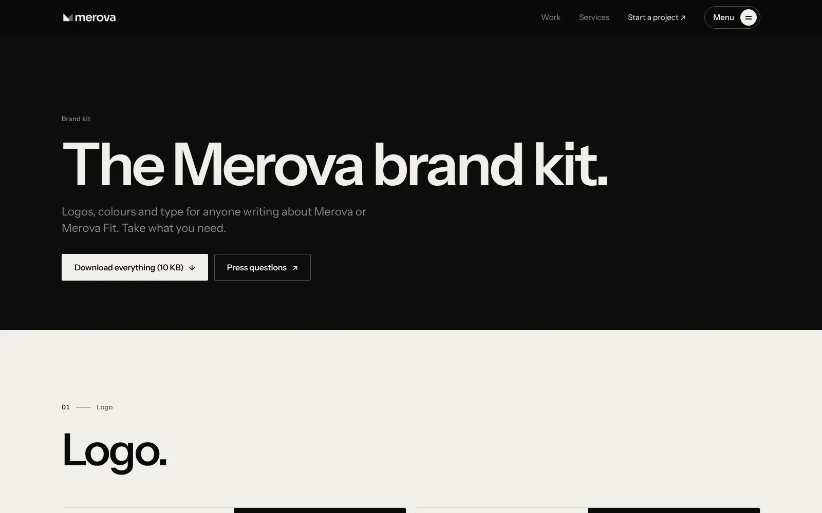 The Merova brand kit page.
